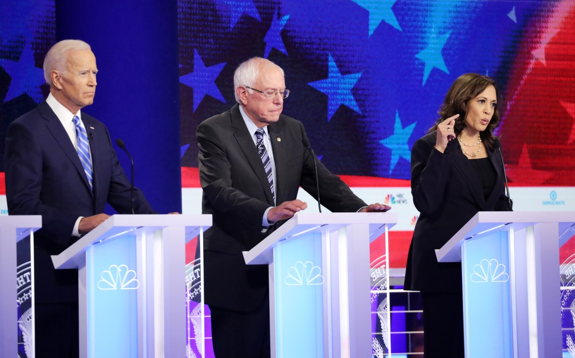 Democratic presidential candidates former Vice President Joe Biden, Senator Bernie Sanders (I–Vermont) and Senator Kamala Harris (D–California) take part in the second night of the first Democratic presidential debate on June 27th, 2019, in Miami, Florida.