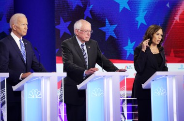 Democratic presidential candidates former Vice President Joe Biden, Senator Bernie Sanders (I–Vermont) and Senator Kamala Harris (D–California) take part in the second night of the first Democratic presidential debate on June 27th, 2019, in Miami, Florida.