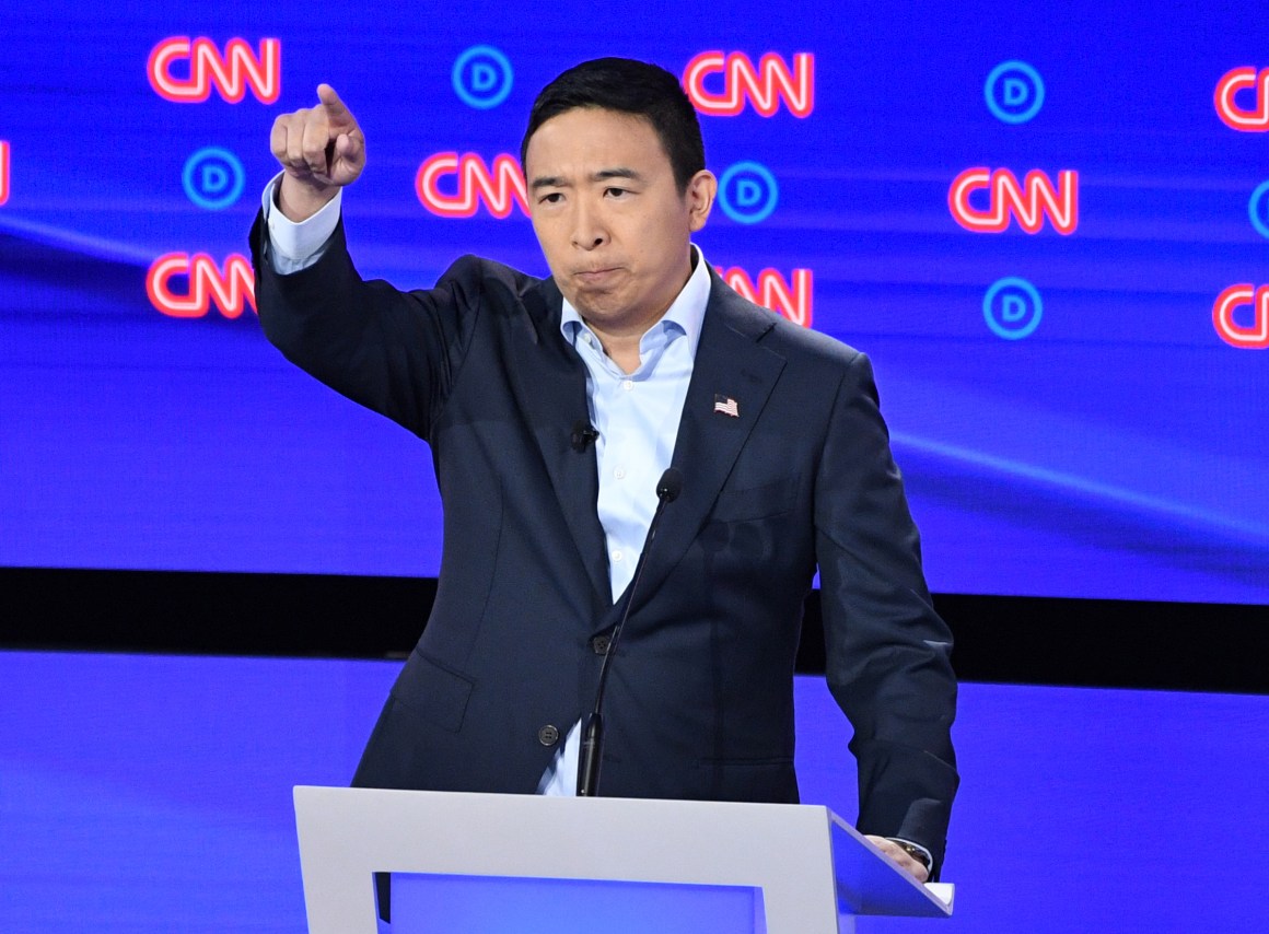 Entrepreneur and Democratic presidential hopeful Andrew Yang speaks during the second round of the second Democratic primary debates, hosted by CNN at the Fox Theatre in Detroit, Michigan, on July 31st, 2019.