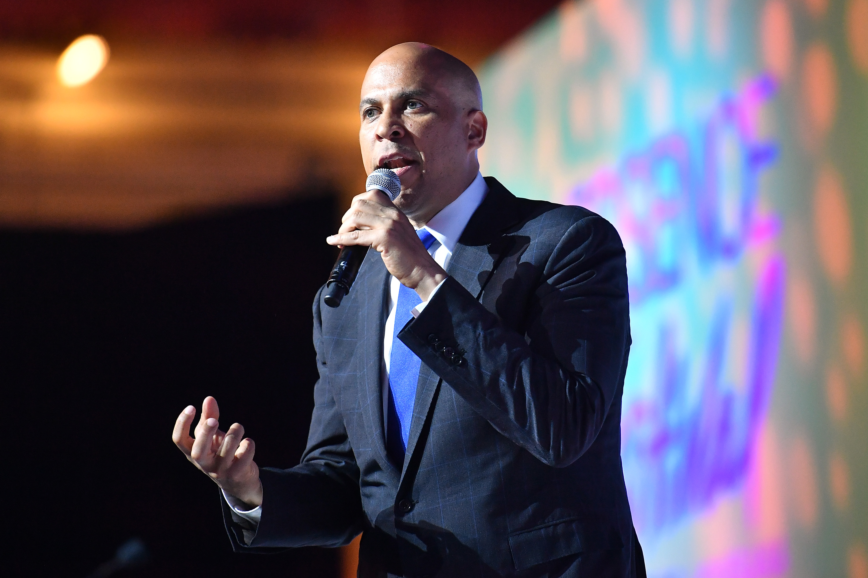 Cory Booker speaks on stage at the 2019 Essence Festival at the Ernest N. Morial Convention Center on July 6th, 2019, in New Orleans, Louisiana.