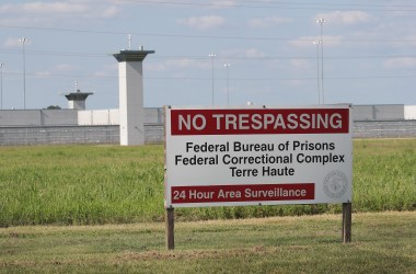 A sign warns away trespassers at the Federal Correctional Complex Terre Haute on July 25th, 2019, in Terre Haute, Indiana, where prisoners on federal death row are held.