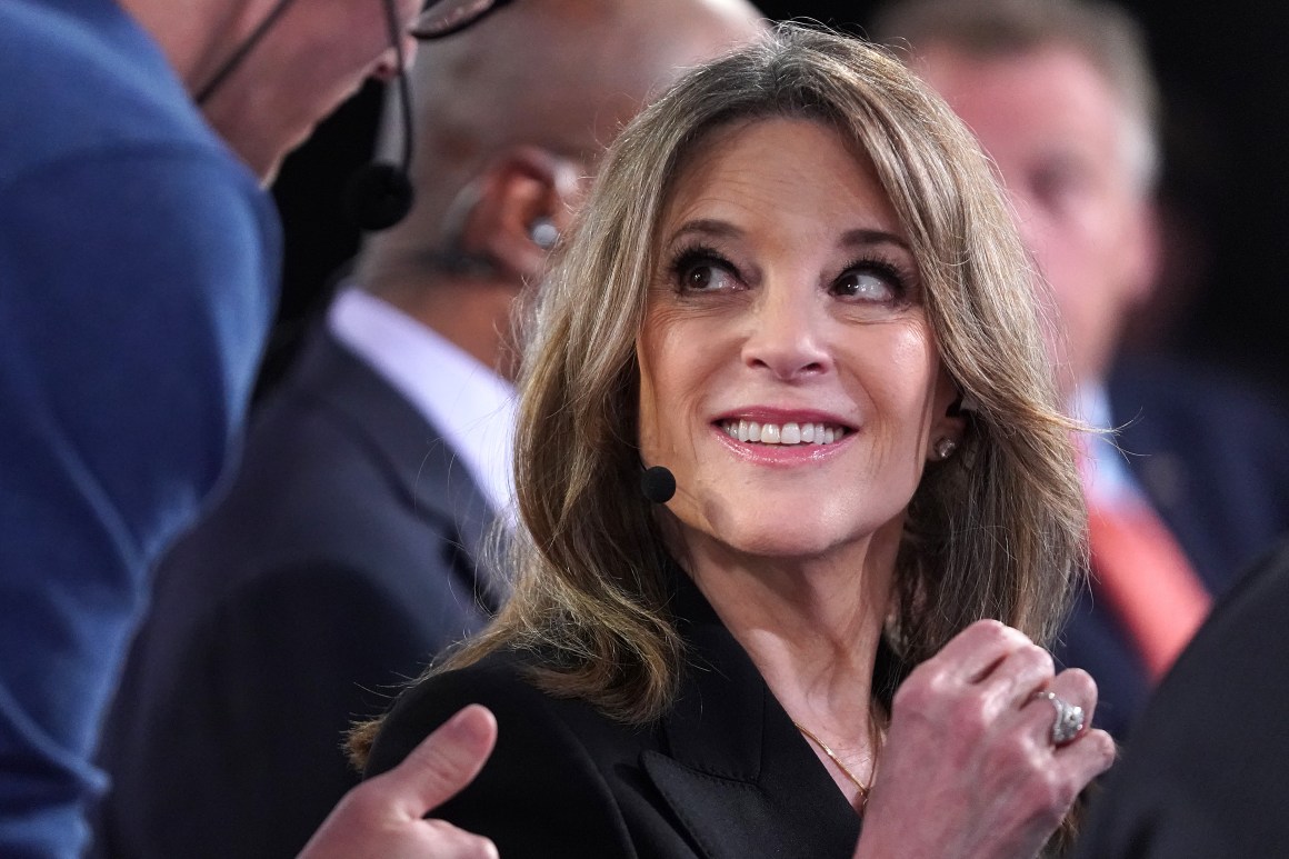 Democratic presidential candidate Marianne Williamson prepares for a television interview after the Democratic Presidential Debate at the Fox Theatre on July 30th, 2019, in Detroit, Michigan.