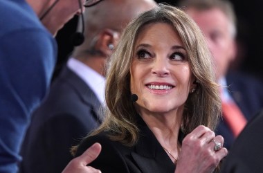 Democratic presidential candidate Marianne Williamson prepares for a television interview after the Democratic Presidential Debate at the Fox Theatre on July 30th, 2019, in Detroit, Michigan.