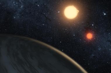 A digital illustration, released on September 15th, 2011, by NASA, of the newly discovered gaseous planet Kepler-16b orbiting its two stars.