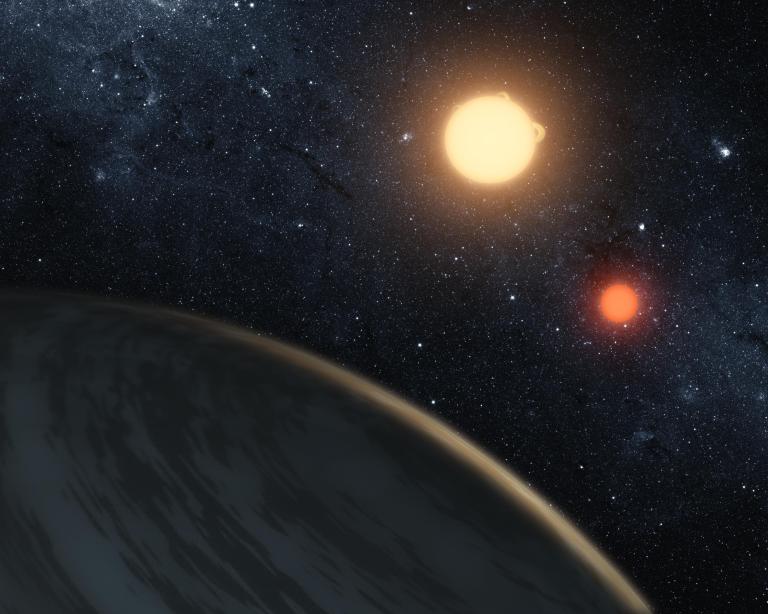 A digital illustration, released on September 15th, 2011, by NASA, of the newly discovered gaseous planet Kepler-16b orbiting its two stars.