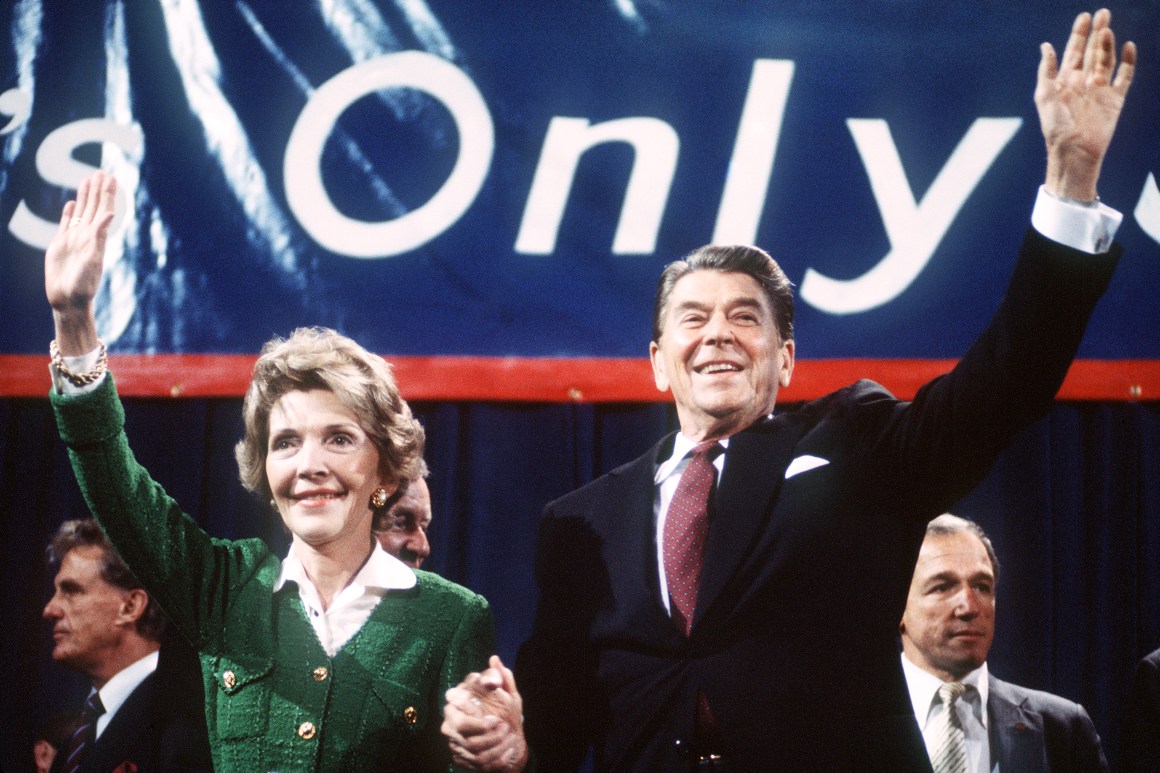 Ronald and Nancy Reagan wave to supporters at a campaign rally in 1984.