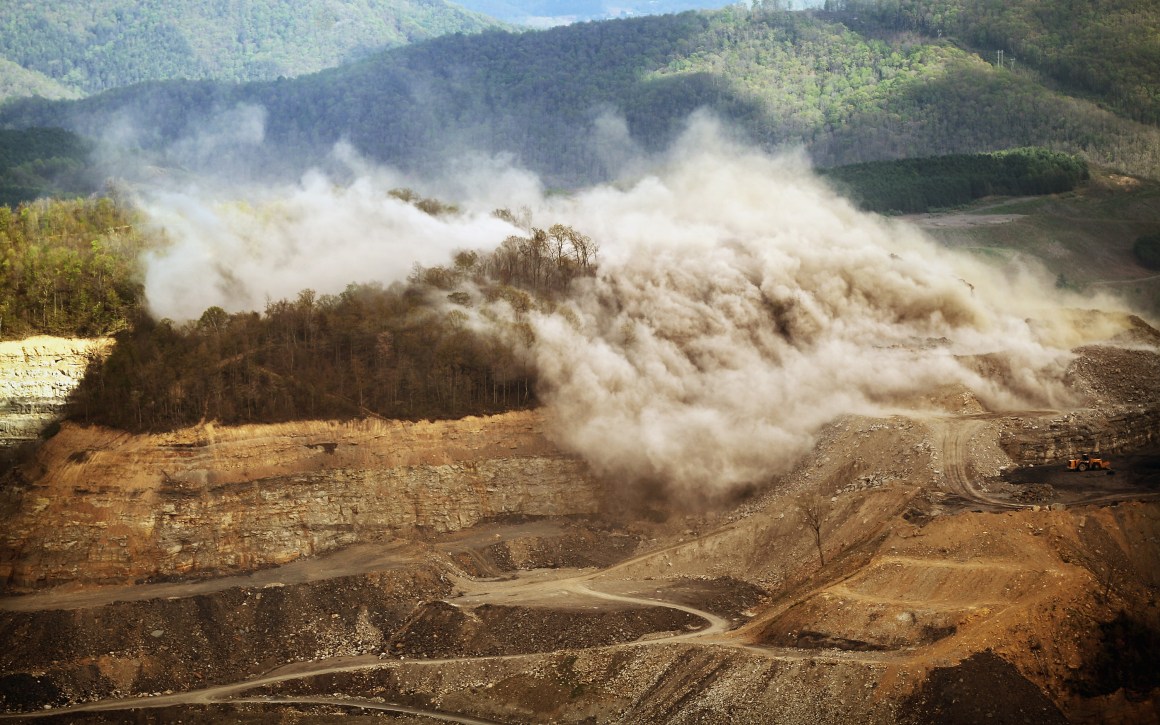 An explosive is detonated at a surface mining operation in the Appalachian Mountains on April 16th, 2012, in Wise County, Virginia.