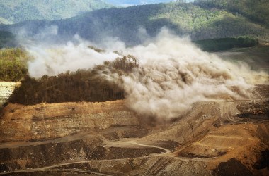 An explosive is detonated at a surface mining operation in the Appalachian Mountains on April 16th, 2012, in Wise County, Virginia.