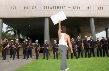 A demonstrator protests the verdict in the trial of four Los Angeles police officers accused of beating motorist Rodney King outside the Los Angeles Police Department headquarters in Los Angeles on April 29th, 1992.