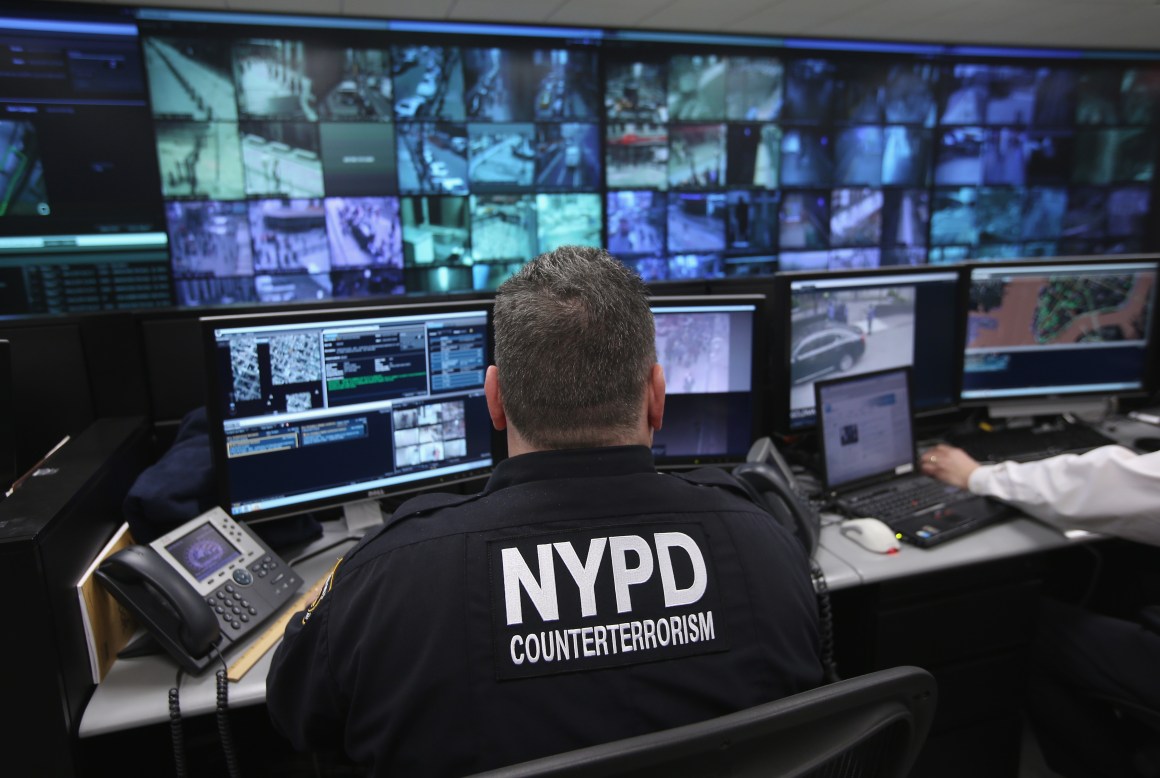 Police monitor security cameras at the Lower Manhattan Security Initiative on April 23rd, 2013, in New York City.