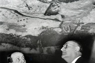 French Minister for Culture Andre Malraux (L) looks at the prehistoric paintings during his visits at the Lascaux caves, on March 13th, 1967.