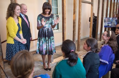 Michelle Obama says hello to sixth graders from Fairfax, Viginia's Willow Springs Elementary School during a surprise visit to the Decatur House in Washington, D.C., on May 22nd, 2013. The Decatur House is a National Trust for Historic Preservation Site that received a $ 1 million grant to fund educational programming.