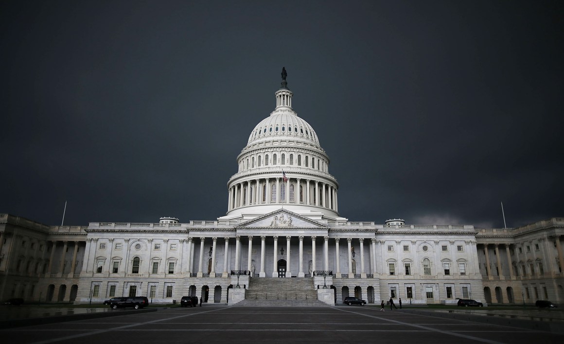 Storm clouds fill the sky over the U.S. Capitol Building.