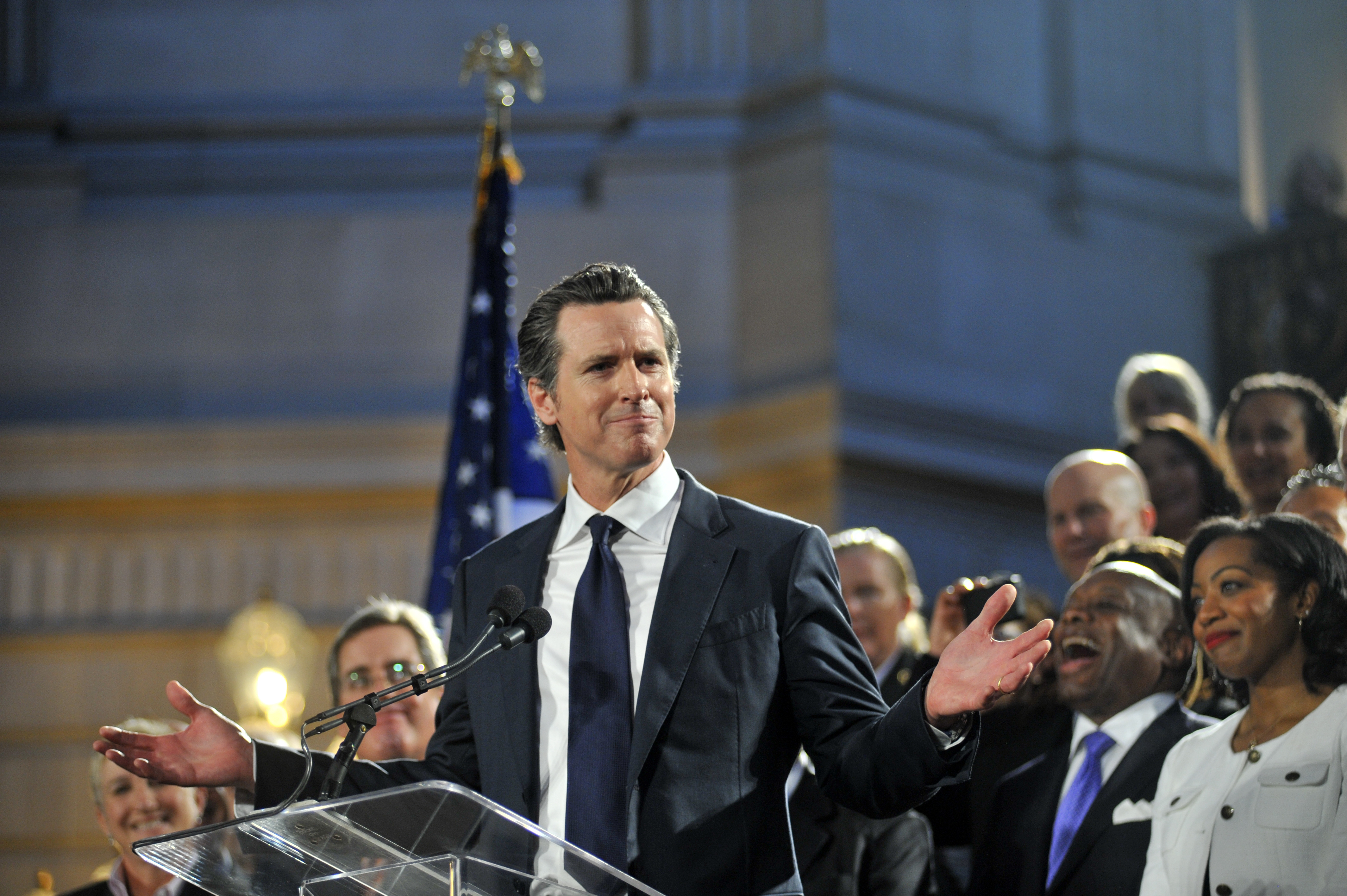 Gavin Newsom delivers a speech in 2013.