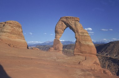 A view of the Delicate Arch sandstone rock formation at Arches National Park, near Moab, Utah.