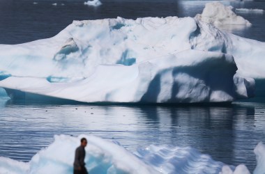 Icebergs are seen floating in the water on July 30th, 2013, in Narsaq, Greenland.