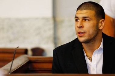 Aaron Hernandez sits in the courtroom of the Attleboro District Court during his hearing on August 22nd, 2013, in North Attleboro, Massachusetts.