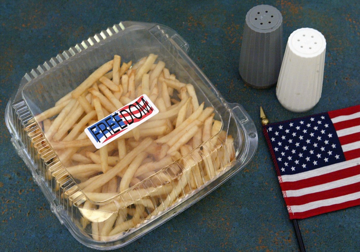 A box of "Freedom Fries" is seen with an American flag at a cafeteria in the U.S. Capitol building on Capitol Hill March 12th, 2003, in Washington, D.C.