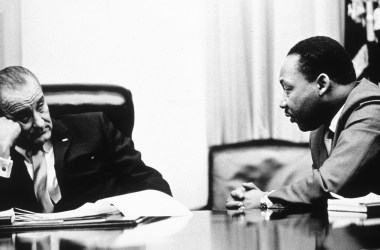 President Lyndon B Johnson discusses the Voting Rights Act with Martin Luther King Jr. at the White House in 1965.