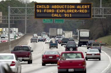 A Georgia Department of Transportation sign alerts drivers to look for the vehicle of quadruple murder and kidnapping suspect Jerry William Jones on January 8th, 2003, in Atlanta, Georgia.