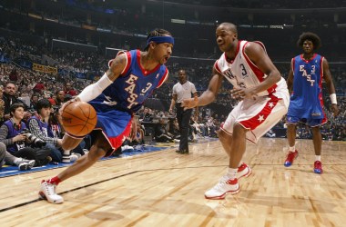 Allen Iverson #3 of the Eastern Conference All-Stars drives around Steve Francis #3 of the Western Conference All-Stars during the 2004 NBA All-Star Game on February 15th, 2004.