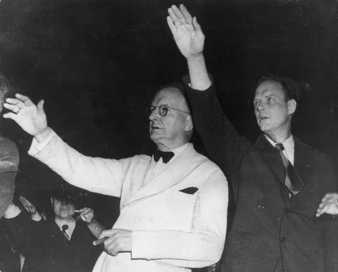 Senator Burton Wheeler of Montana, left, and Colonel Charles Lindbergh, right, at a rally to keep the U.S. out of World War II.