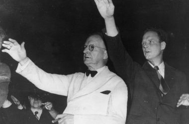 Senator Burton Wheeler of Montana, left, and Colonel Charles Lindbergh, right, at a rally to keep the U.S. out of World War II.