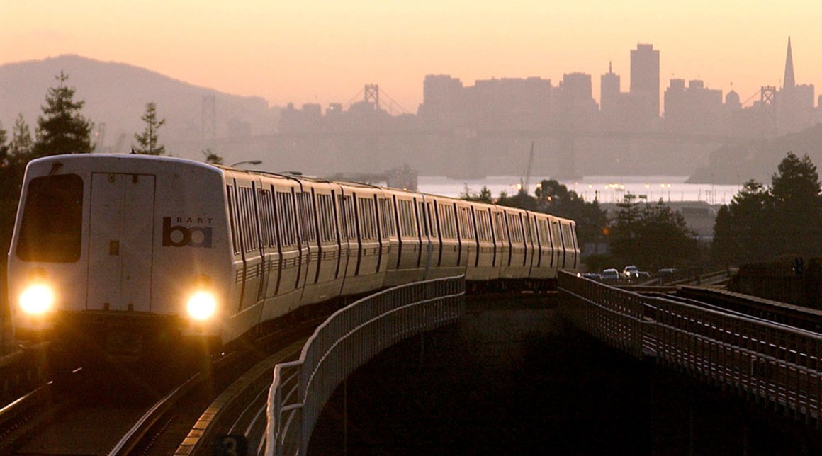 A BART train pulls into Oakland, California.