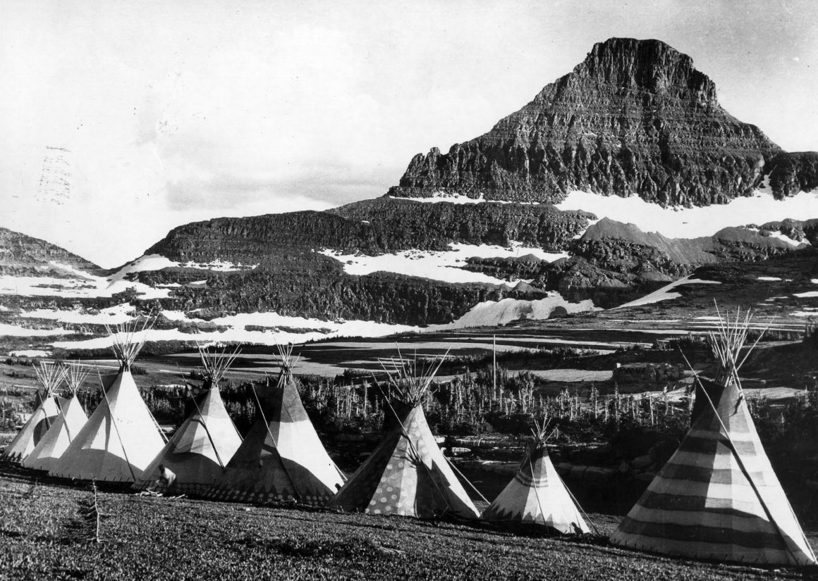 Blackfoot teepees at Glacier National Park, Montana, circa 1950.