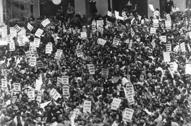 Thousands of people lining the streets of Atlanta, Georgia, for the funeral of Martin Luther King Jr., on April 9th, 1968.