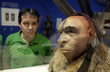 A visitor looks at El Neandertal Emplumado, a scientific recreation of the face of a Neanderthal who lived some 50,000 years ago by Italian scientist Fabio Fogliazza, at the Museum of Human Evolution in Burgos, Spain, on June 10th, 2014.