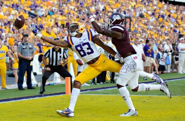 LSU wide receiver Travin Dural can't haul in a pass against the Mississippi State Bulldogs on September 20th, 2014, in Baton Rouge, Louisiana.