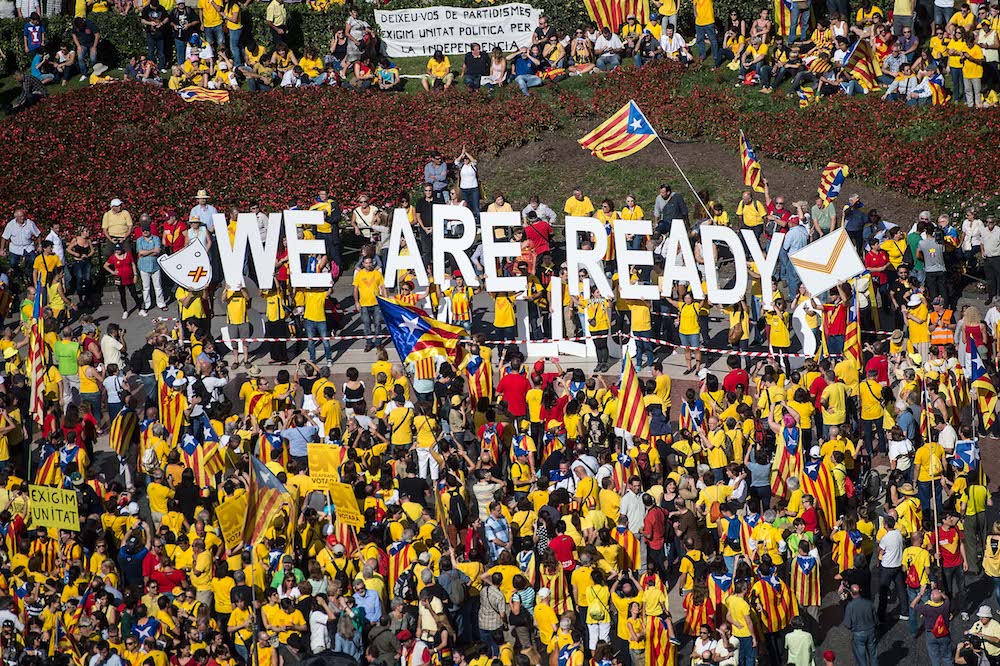 Pro-Independence catalans gather in Catalunya square during a rally in Barcelona, Spain.