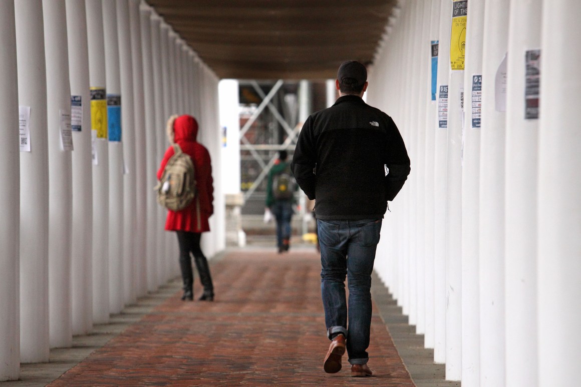 Students walk through campus at the University of Virginia on December 6th, 2014, in Charlottesville, Virginia.