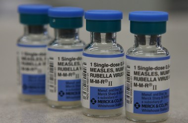 Vials of measles, mumps, and rubella vaccines are displayed at a Walgreens Pharmacy in Mill Valley, California, on January 26th, 2015.