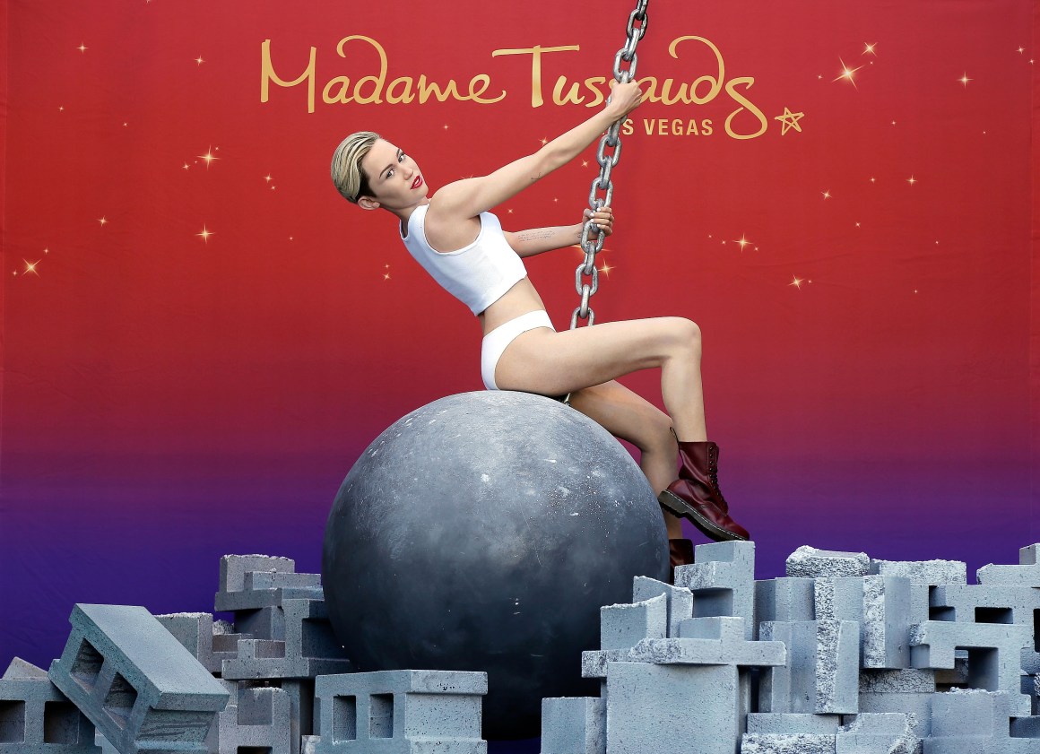 Madame Tussauds debuts its Miley Cyrus wax figure atop a wrecking ball at The Venetian on March 9th, 2015, in Las Vegas, Nevada.