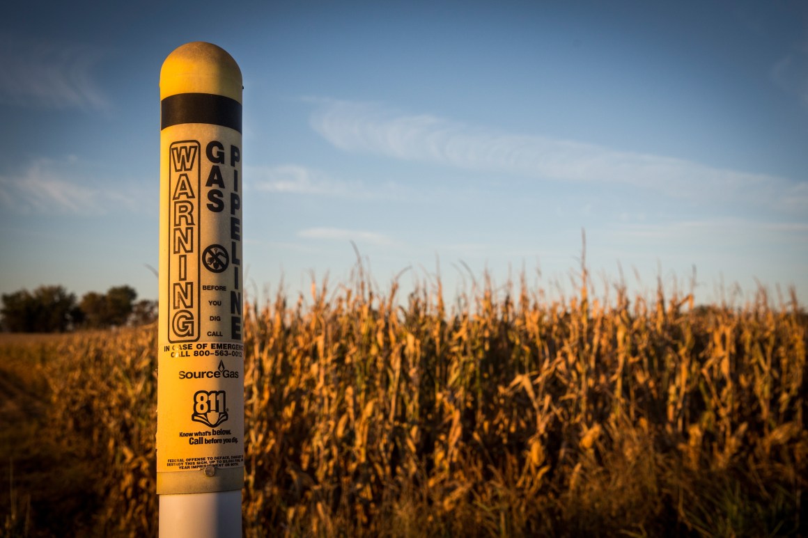 A warning sign alerting people to an existing gas pipeline in Polk, Nebraska.