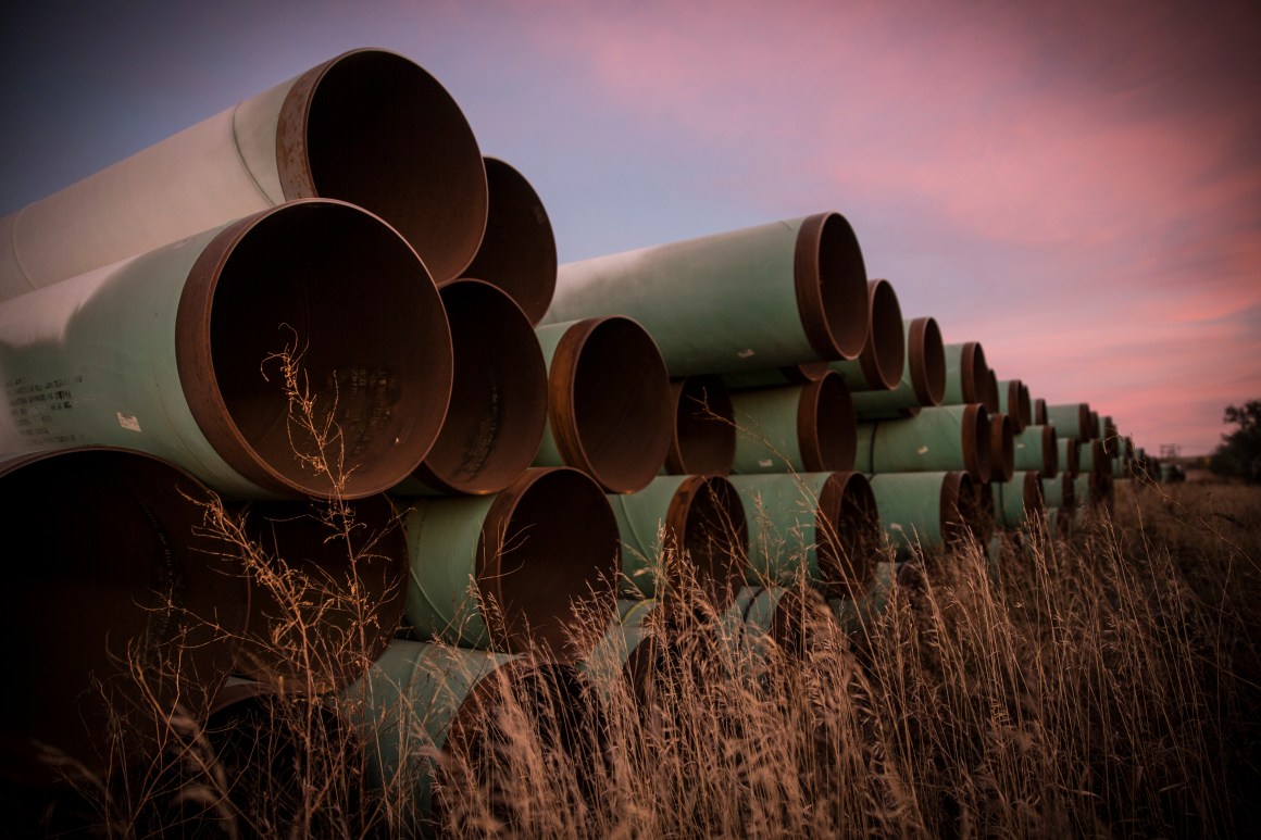 Miles of unused pipe, prepared for the proposed Keystone XL pipeline, sit in a lot outside Gascoyne, North Dakota.