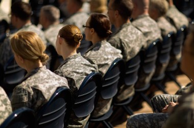 Soldiers, officers and civilian employees attend the commencement ceremony for the U.S. Army's annual observance of Sexual Assault Awareness and Prevention Month in the Pentagon Center Courtyard on March 31st, 2015, in Arlington, Virginia.