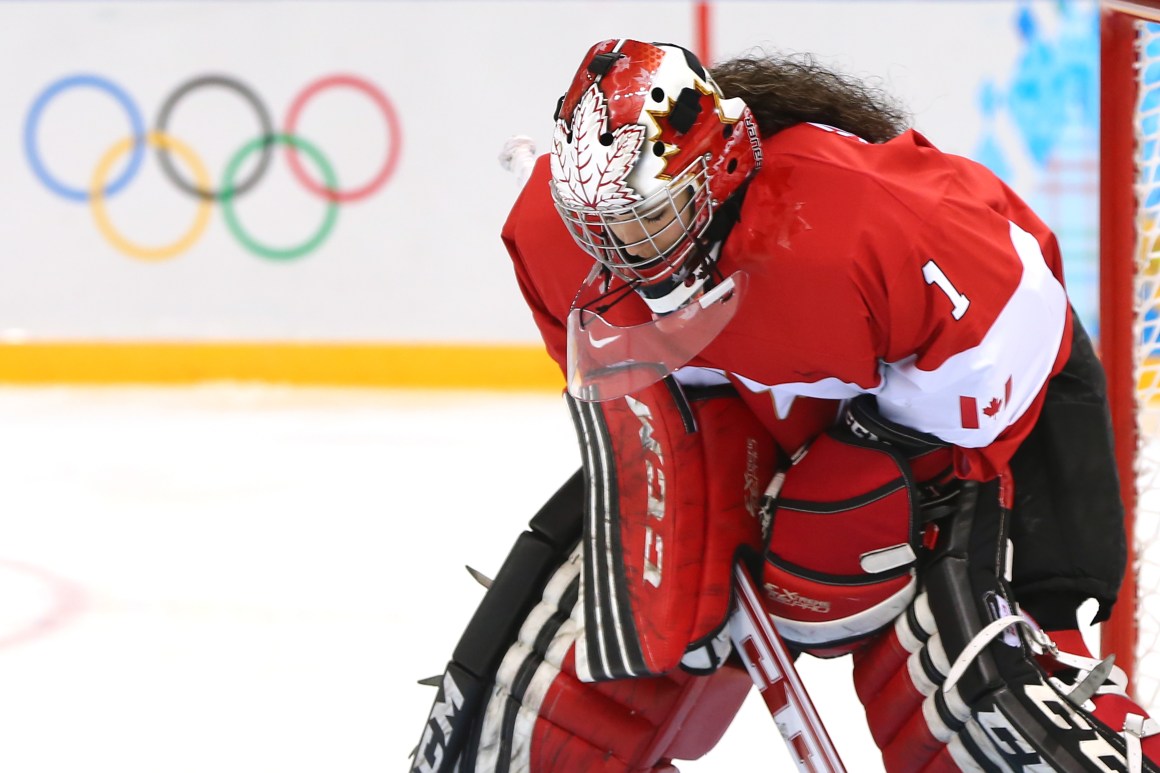 Shannon Szabados looks on prior to the Women's Ice Hockey Preliminary Round Group A game during the 2014 Winter Olympics in Sochi, Russia.