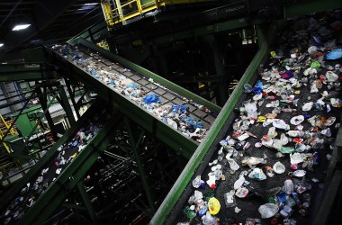 Recycling is viewed at the Sims Municipal Recycling Facility, an 11-acre recycling center on the Brooklyn waterfront on April 22nd, 2015, in New York City.