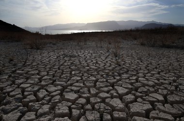 Dry, cracked earth that used to be the bottom of Lake Mead is seen near Boulder Beach on May 13th, 2015, in Lake Mead National Recreation Area, Nevada.