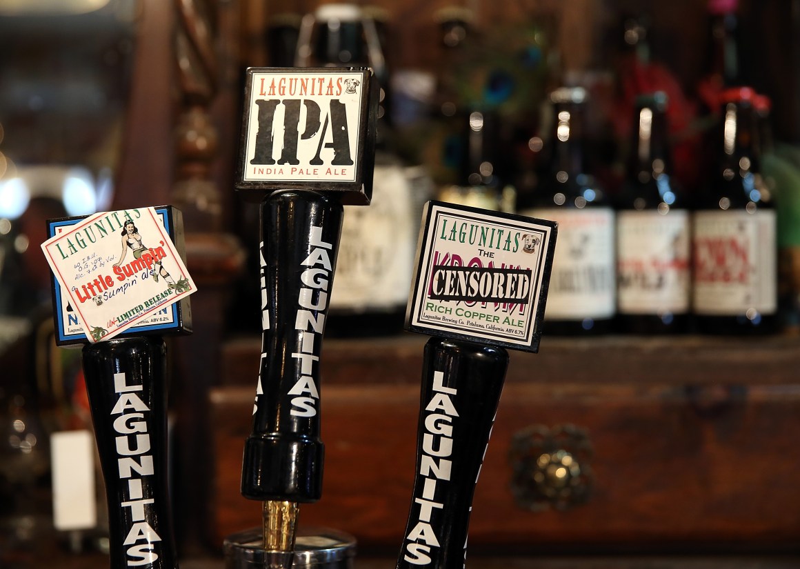 Lagunitas Brewing Company beer taps are displayed at Lagunitas Brewing Company on February 21st, 2014, in Petaluma, California. Sonoma County breweries Lagunitas Brewing Company and Bear Republic rely on water from the Russian River and are worried that the extremely low water levels in the 110-mile waterway will force them to seek water from other sources.