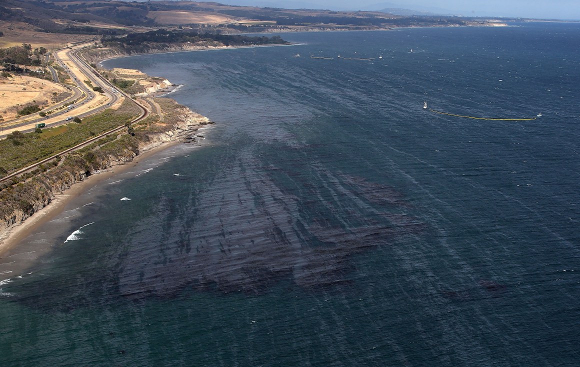 An oil slick is visible on the surface of the Pacific Ocean near Refufio State Beach on May 21st, 2015, in Goleta, California.