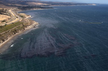 An oil slick is visible on the surface of the Pacific Ocean near Refufio State Beach on May 21st, 2015, in Goleta, California.