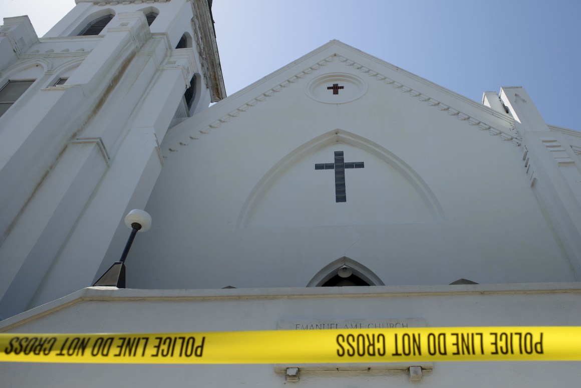 Police tape outside the Emanuel AME Church the morning after a mass shooting at the Emanuel AME Church in Charleston, South Carolina, on June 18th, 2015.