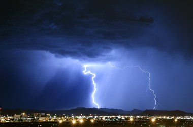 Lightning strikes during a thunderstorm in Las Vegas, Nevada.