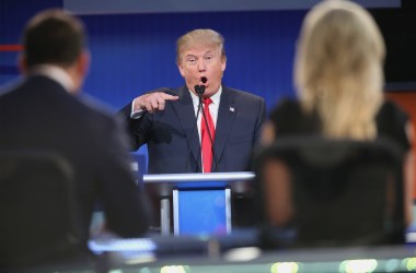 Donald Trump fields a question during the first Republican presidential debate hosted by Fox News and Facebook at the Quicken Loans Arena on August 6th, 2015, in Cleveland, Ohio.