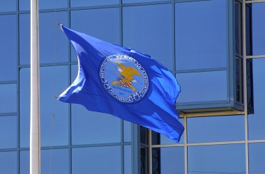 The flag of the NRA at its headquarters in Fairfax, Virginia.