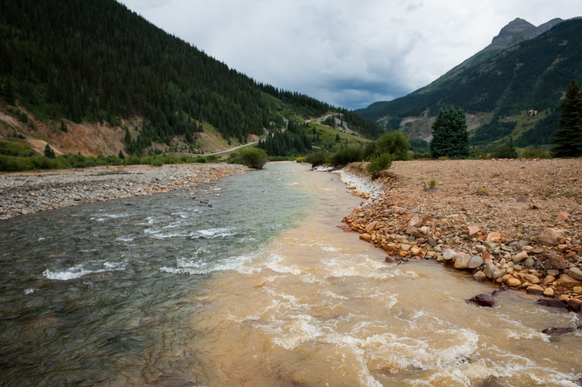 Cement Creek meets the Animas River in Silverton, Colorado.